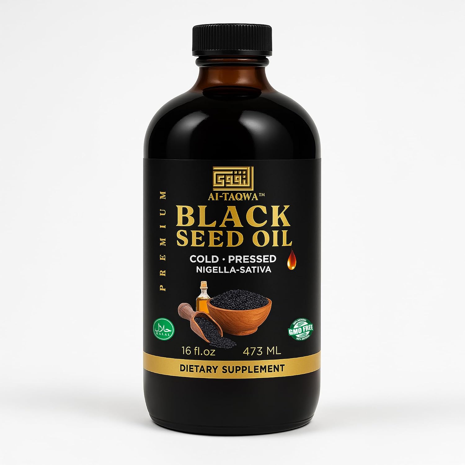 AL-TAQWA Black Seed Oil – Extra Virgin Nigella Sativa (Kalonji) Oil for Hair, Skin & Wellness – Cold-Pressed, Unrefined, Non-GMO, Vegan, Halal – 16oz Amber Glass Bottle