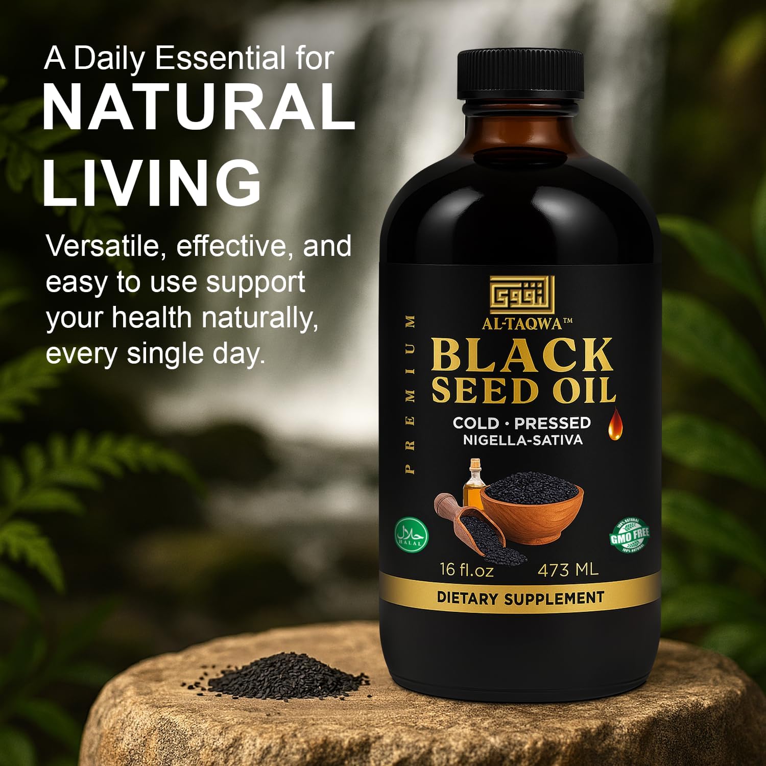 AL-TAQWA Black Seed Oil – Extra Virgin Nigella Sativa (Kalonji) Oil for Hair, Skin & Wellness – Cold-Pressed, Unrefined, Non-GMO, Vegan, Halal – 16oz Amber Glass Bottle