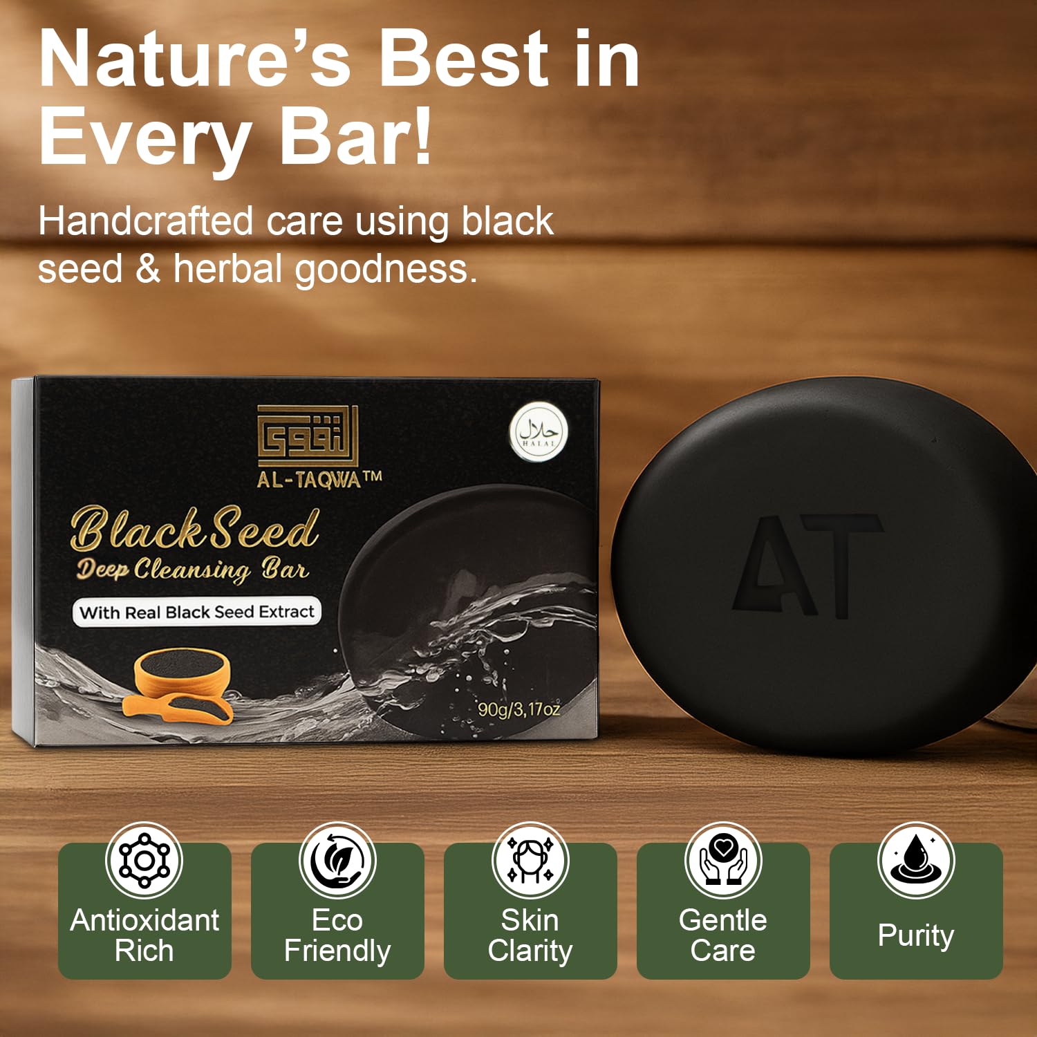 AL-TAQWA Black Seed Soap Bar – 90gm (3.17oz) – Made with Black Seed Extract, Coconut Oil & Castor Oil – Gentle Cleansing & Moisturizing – Nourishes & Refreshes Skin