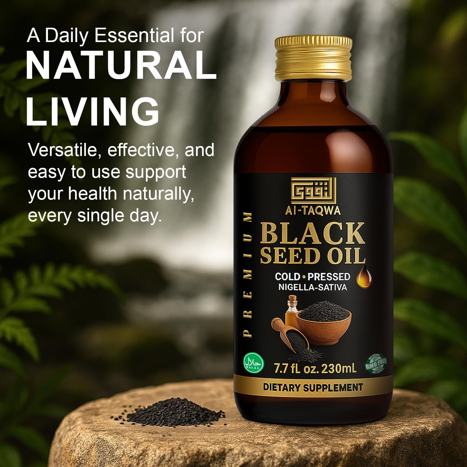 AL-TAQWA Black Seed Oil – Extra Virgin Nigella Sativa (Kalonji) Oil for Hair, Skin & Wellness – Cold-Pressed, Unrefined, Non-GMO, Vegan, Halal – 7.77oz (230ml) Amber Glass Bottle