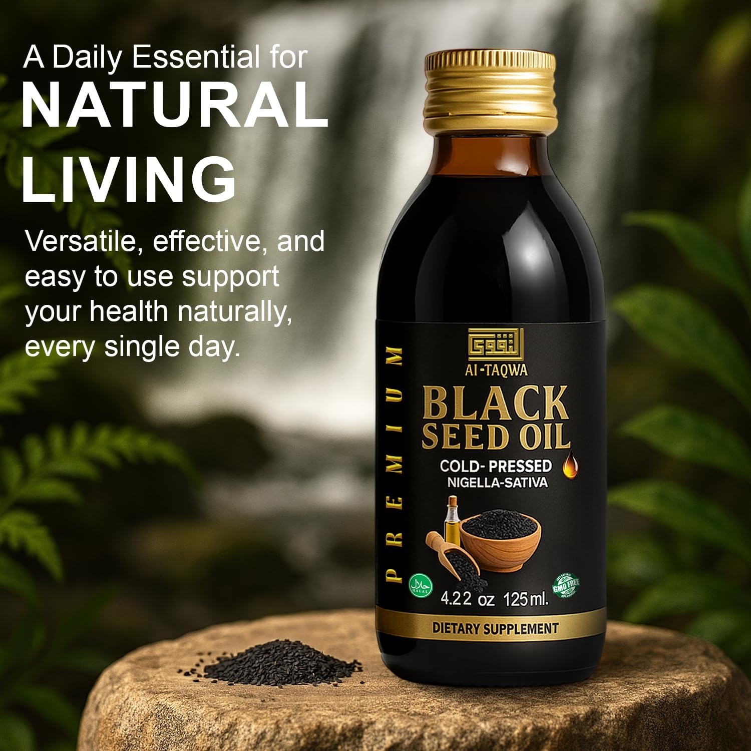 AL-TAQWA Black Seed Oil – Extra Virgin Nigella Sativa (Kalonji) Oil for Hair, Skin & Wellness – Cold-Pressed, Unrefined, Non-GMO, Vegan, Halal – 4.22oz (125ml) Amber Glass Bottle